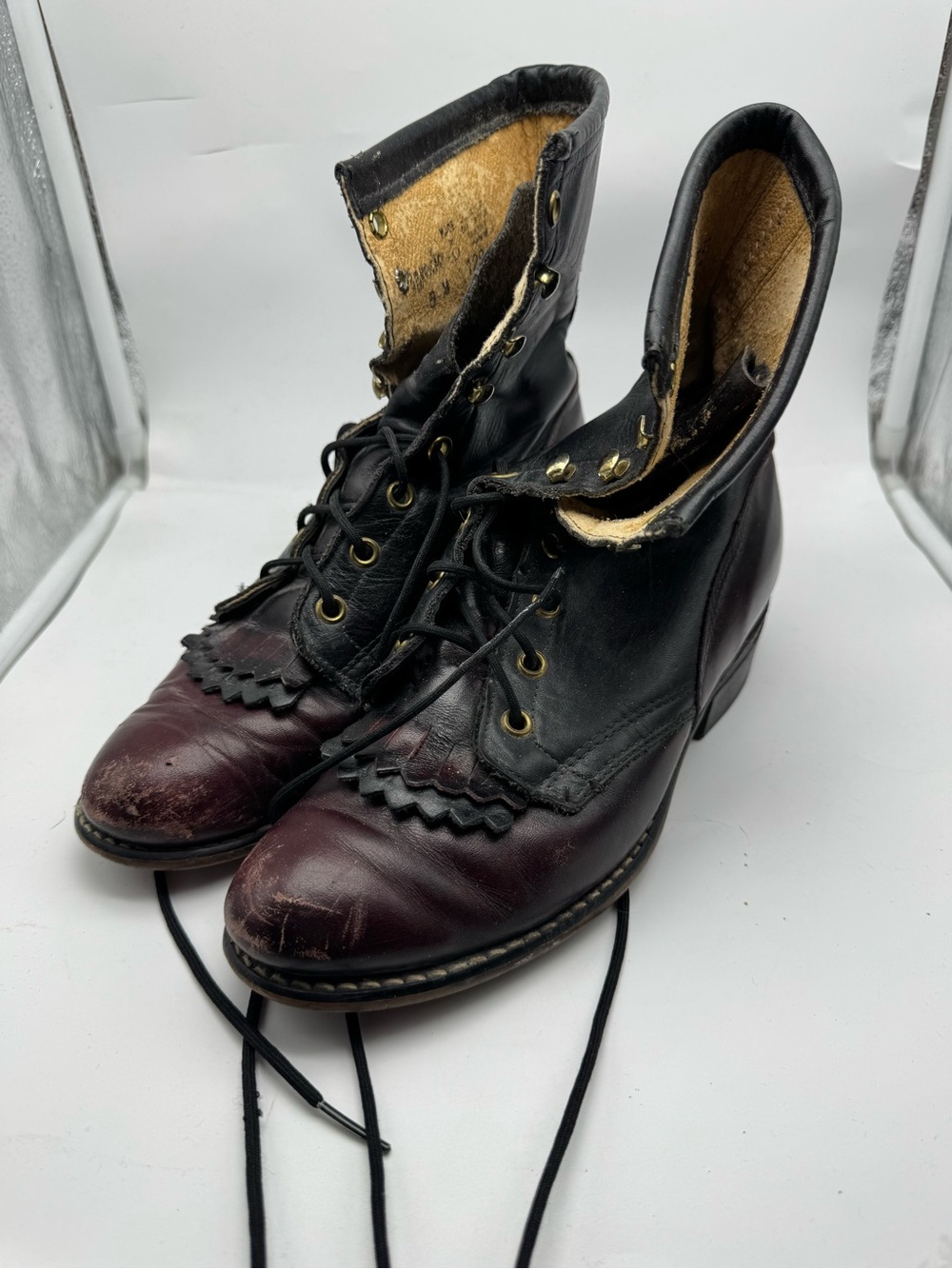 Vintage Laredo Mens 8 M Leather Lace Up Boots Kiltie Burgundy Black Western
